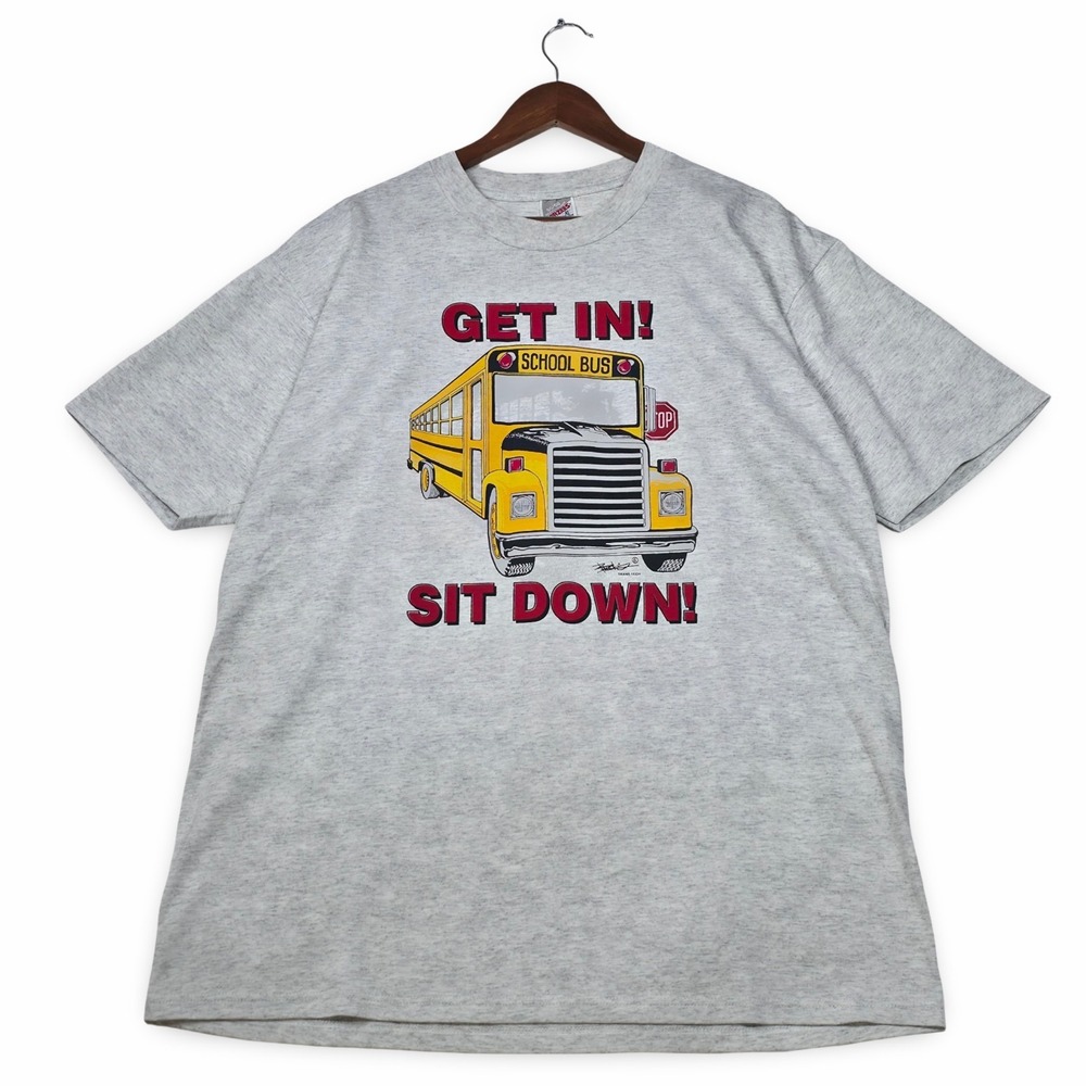 VTG 90s School Bus T-Shirt XL Jerzees USA Made Gray Funny Graphic Get In Shut Up